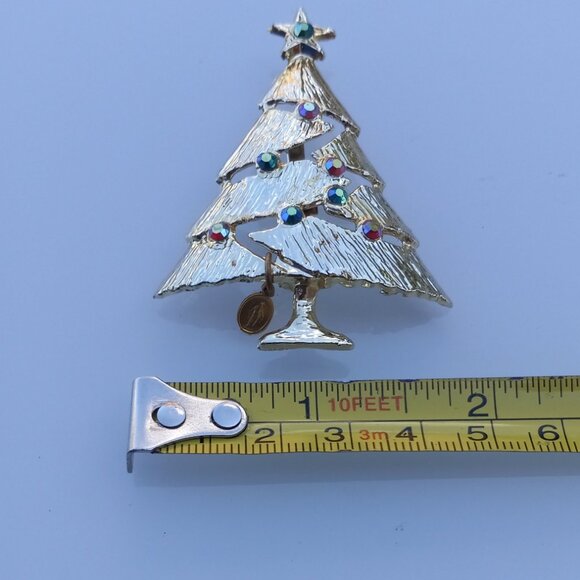 Gold Christmas Tree Pin Brooch with Green & Red Aurora Borealis Crystals - Picture 13 of 14